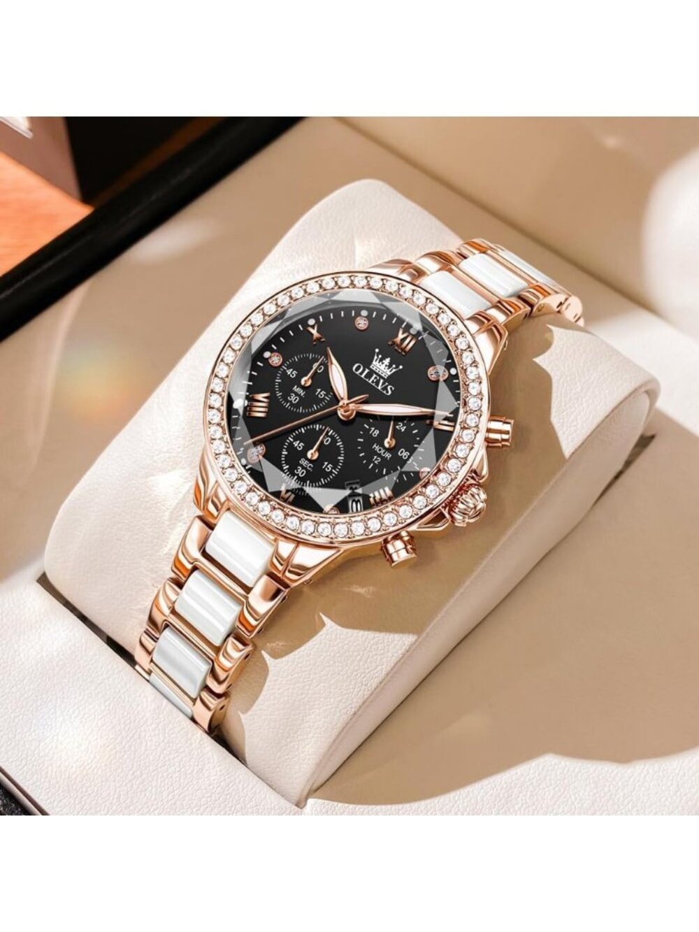Women's Rose/Black Ceramic and Stainless Steel Bracelet Mother of Pearl Watches - Picture 2 of 6